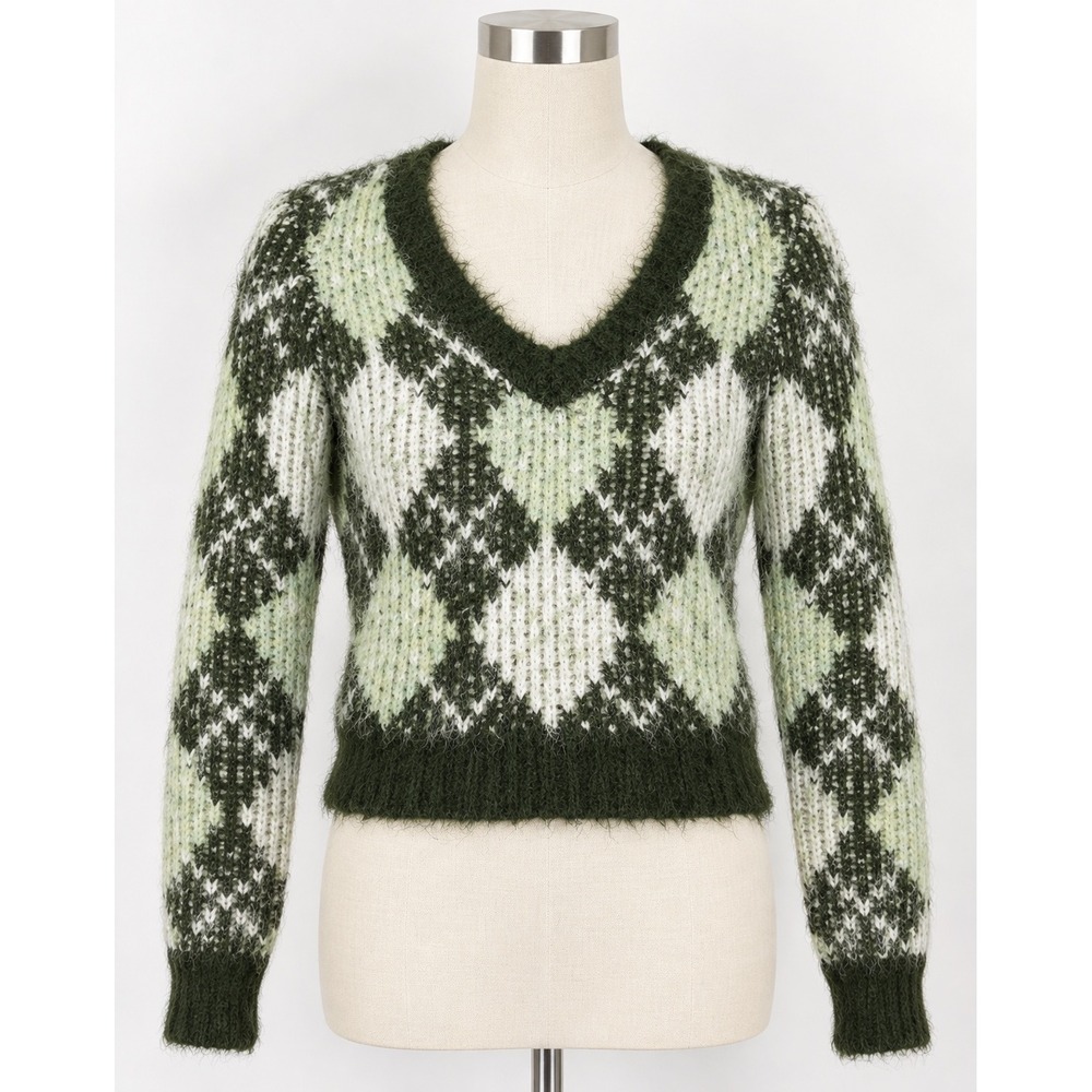 Lovers and Friends Tanessa Argyle Sweater Womens XS Green Fuzzy Knit Preppy Wool